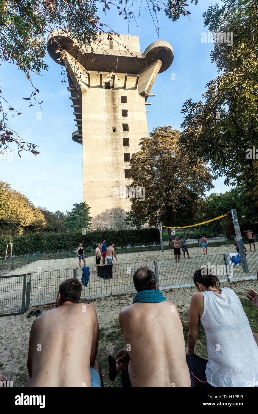 Summer afternoon, A German flak tower, Flakturm, a remnant of the second world war,anti-aircraft bunker, Augarten, Vienna, Austr Stock Photo