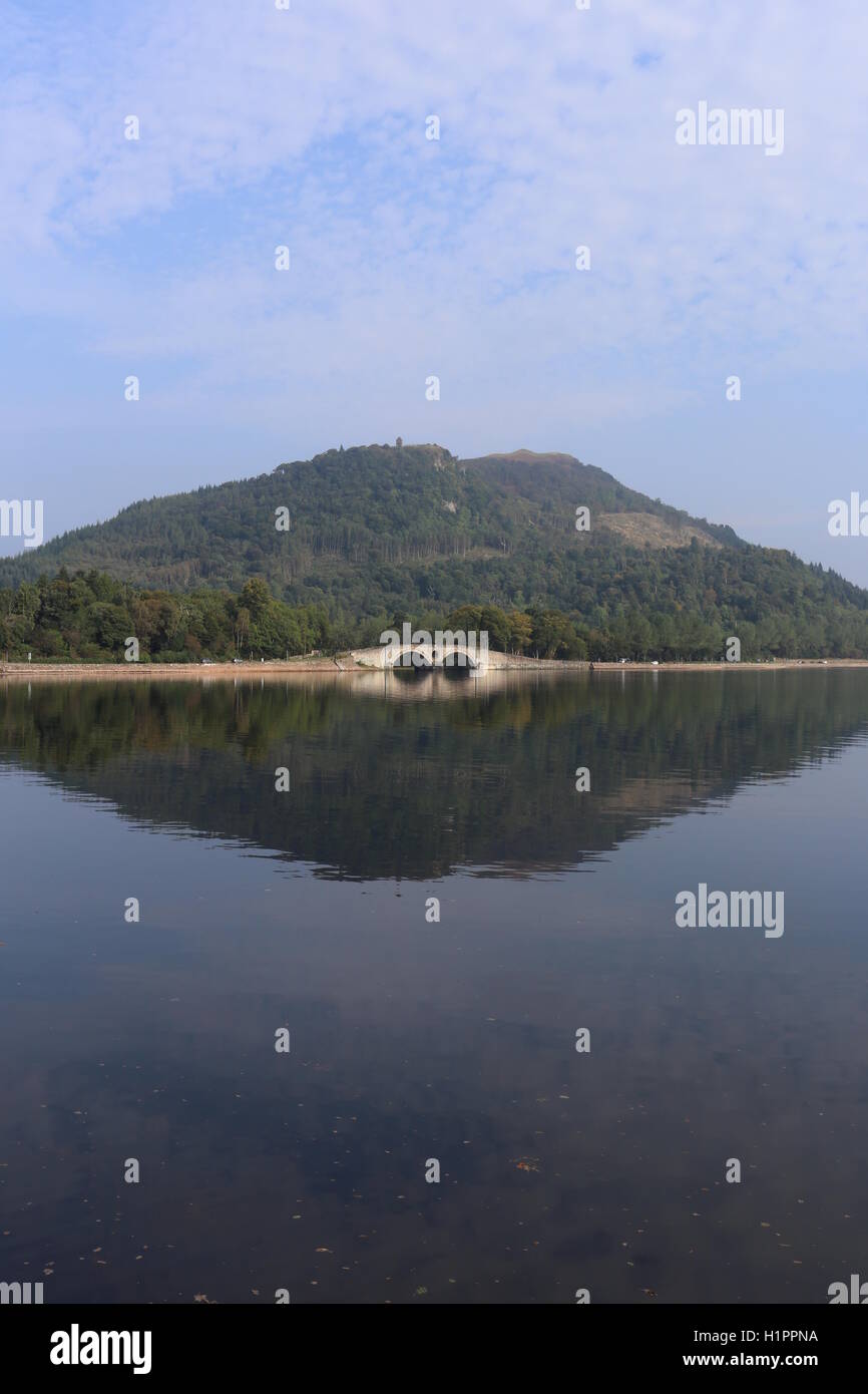 Bridge and shore reflected in Loch Fyne Inveraray Scotland  September 2016 Stock Photo