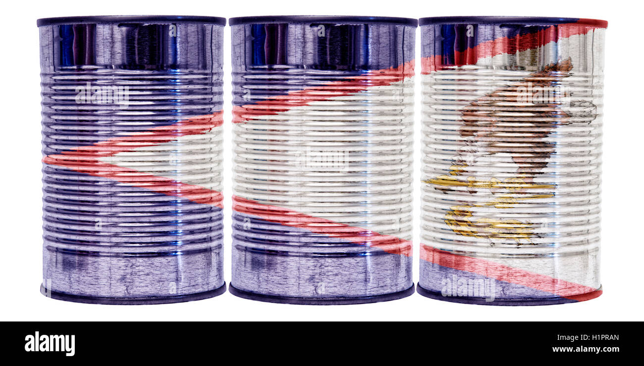 Three tin cans with the flag of American Samoa on them isolated on a white background. Stock Photo