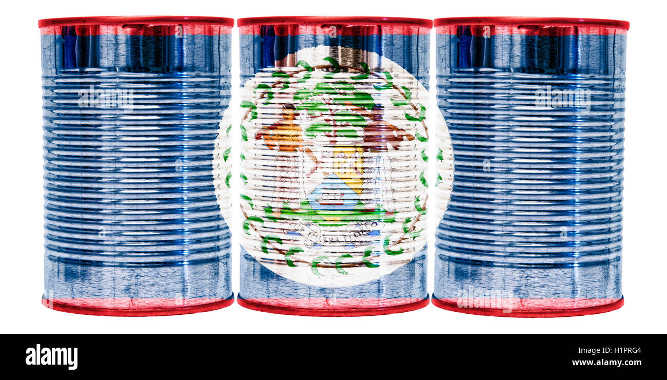 Three tin cans with the flag of Belize on them isolated on a white background. Stock Photo