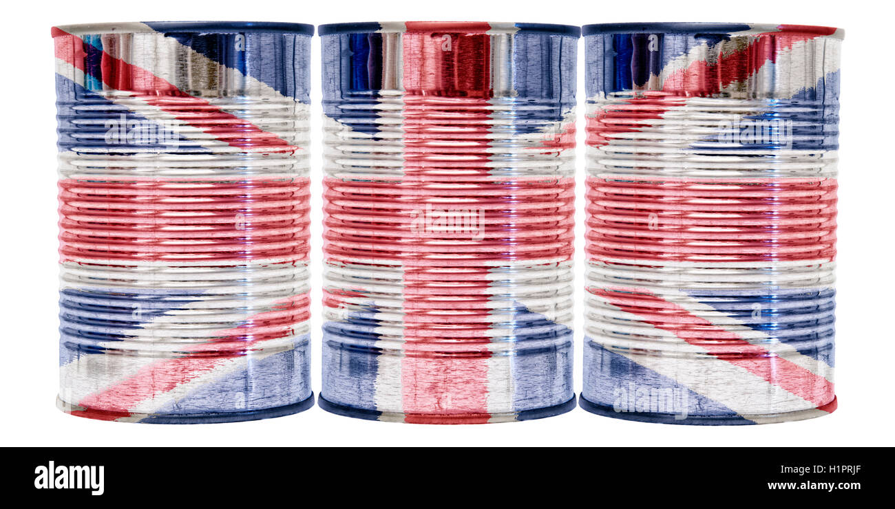 Three tin cans with the flag of Britain on them isolated on a white background. Stock Photo