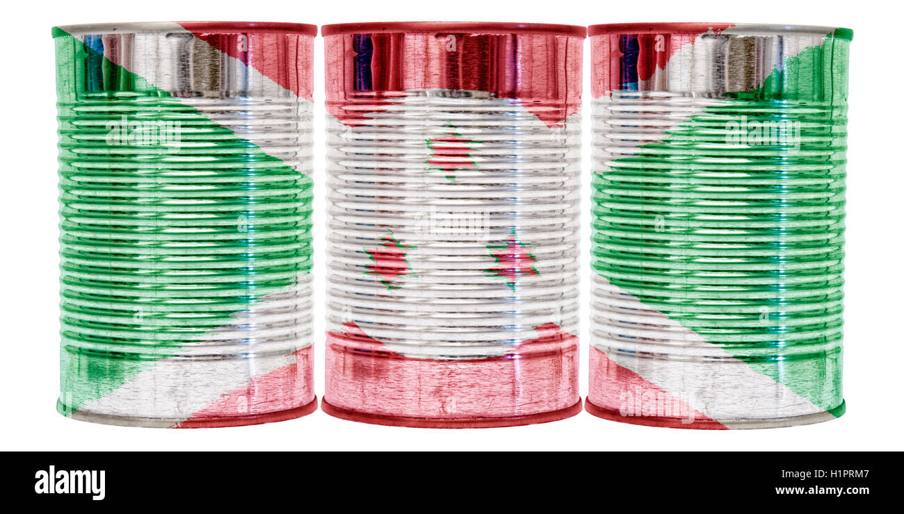 Three tin cans with the flag of Burundi on them isolated on a white background. Stock Photo