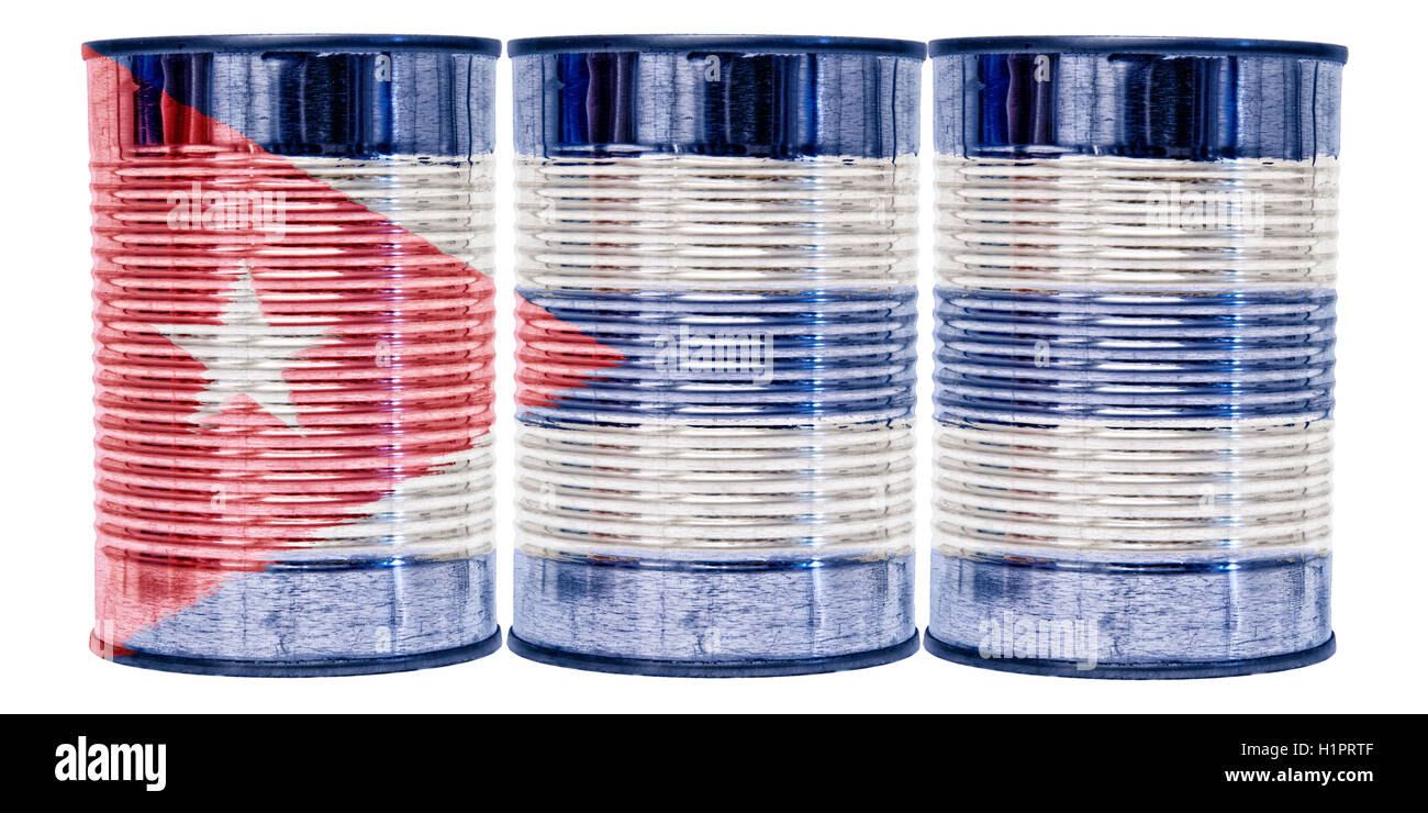 Three tin cans with the flag of Cuba on them isolated on a white background. Stock Photo
