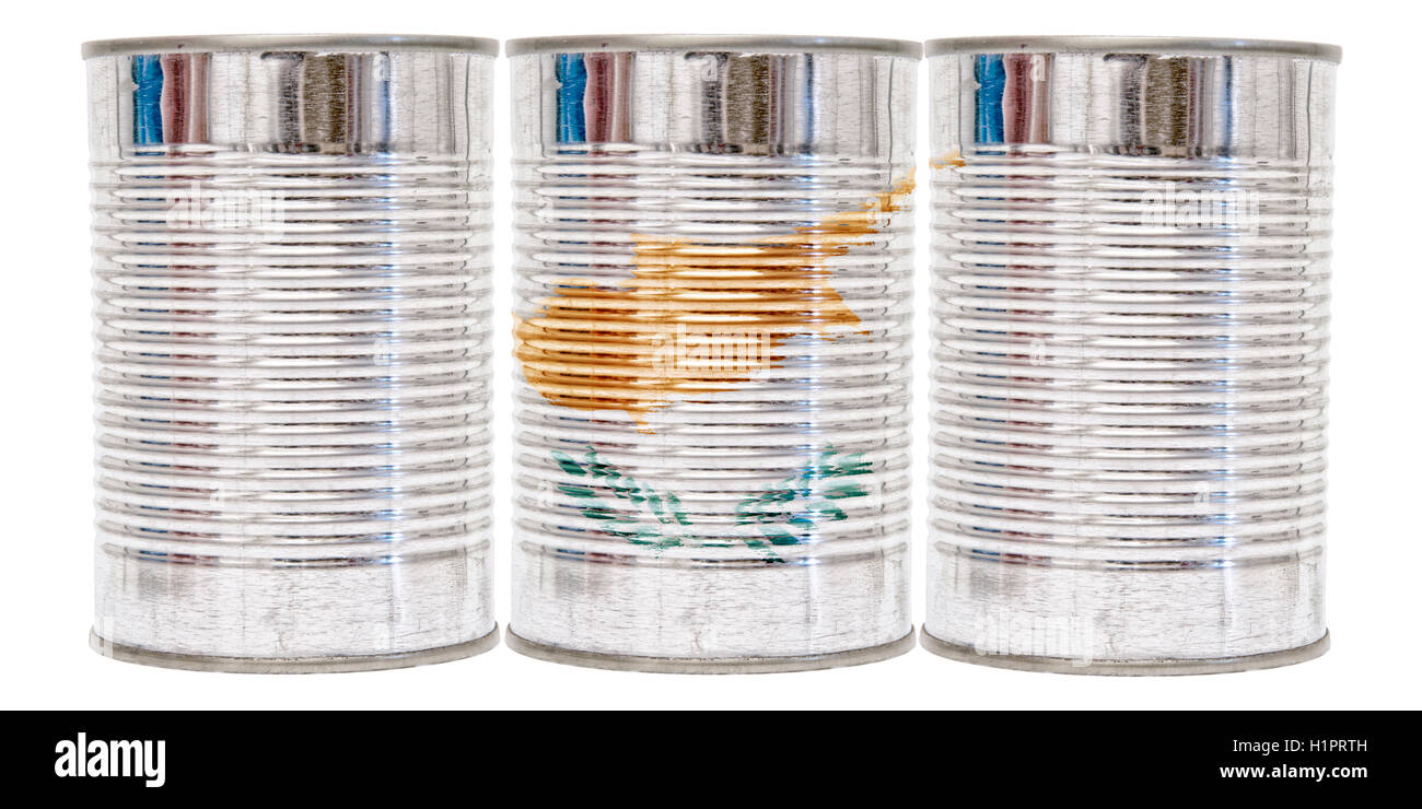 Three tin cans with the flag of Cyprus on them isolated on a white background. Stock Photo