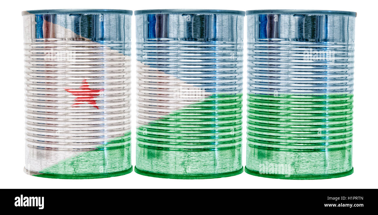 Three tin cans with the flag of Djibouti on them isolated on a white background. Stock Photo