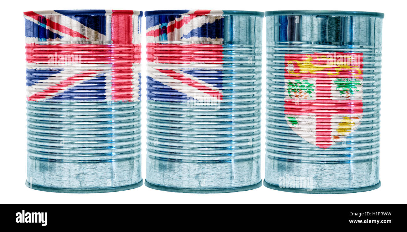 Three tin cans with the flag of Fiji on them isolated on a white background. Stock Photo