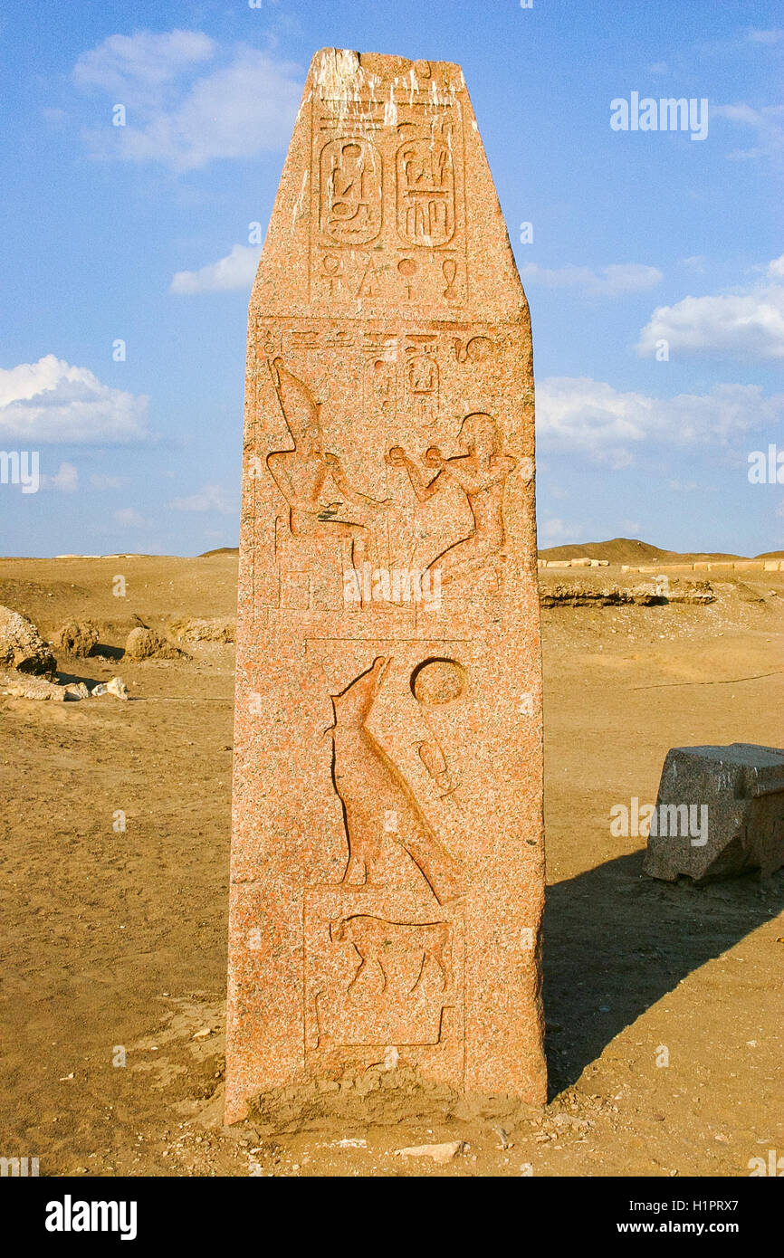 Egypt, Nile Delta, Tanis, exhibition of several ancient artifacts : Top of an obelisk, with a part of the Horus name of a king. Stock Photo