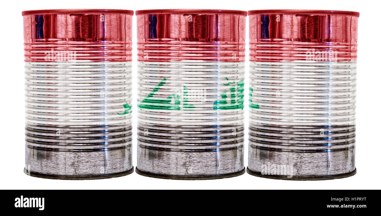 Three tin cans with the flag of Iraq on them isolated on a white background. Stock Photo