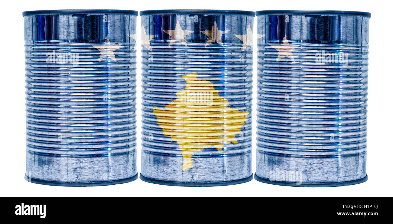 Three tin cans with the flag of Kosovo on them isolated on a white