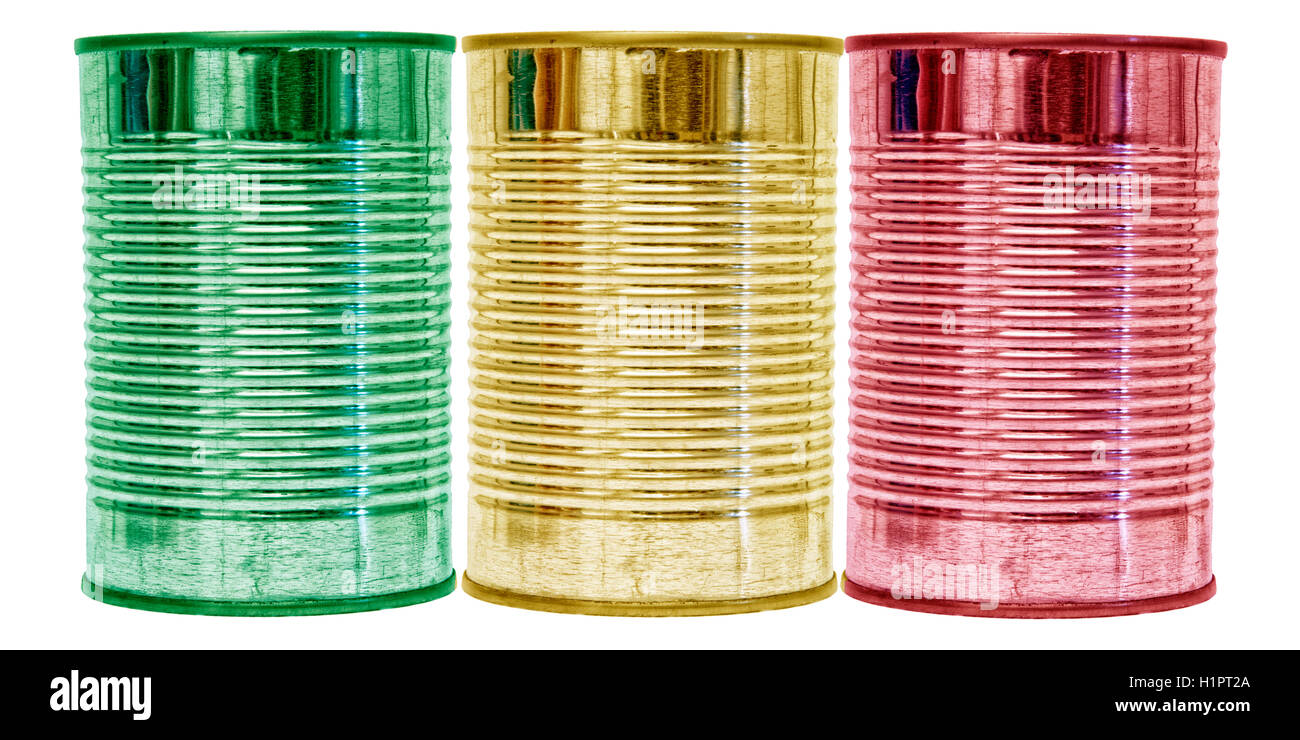 Three tin cans with the flag of Mali on them isolated on a white background. Stock Photo
