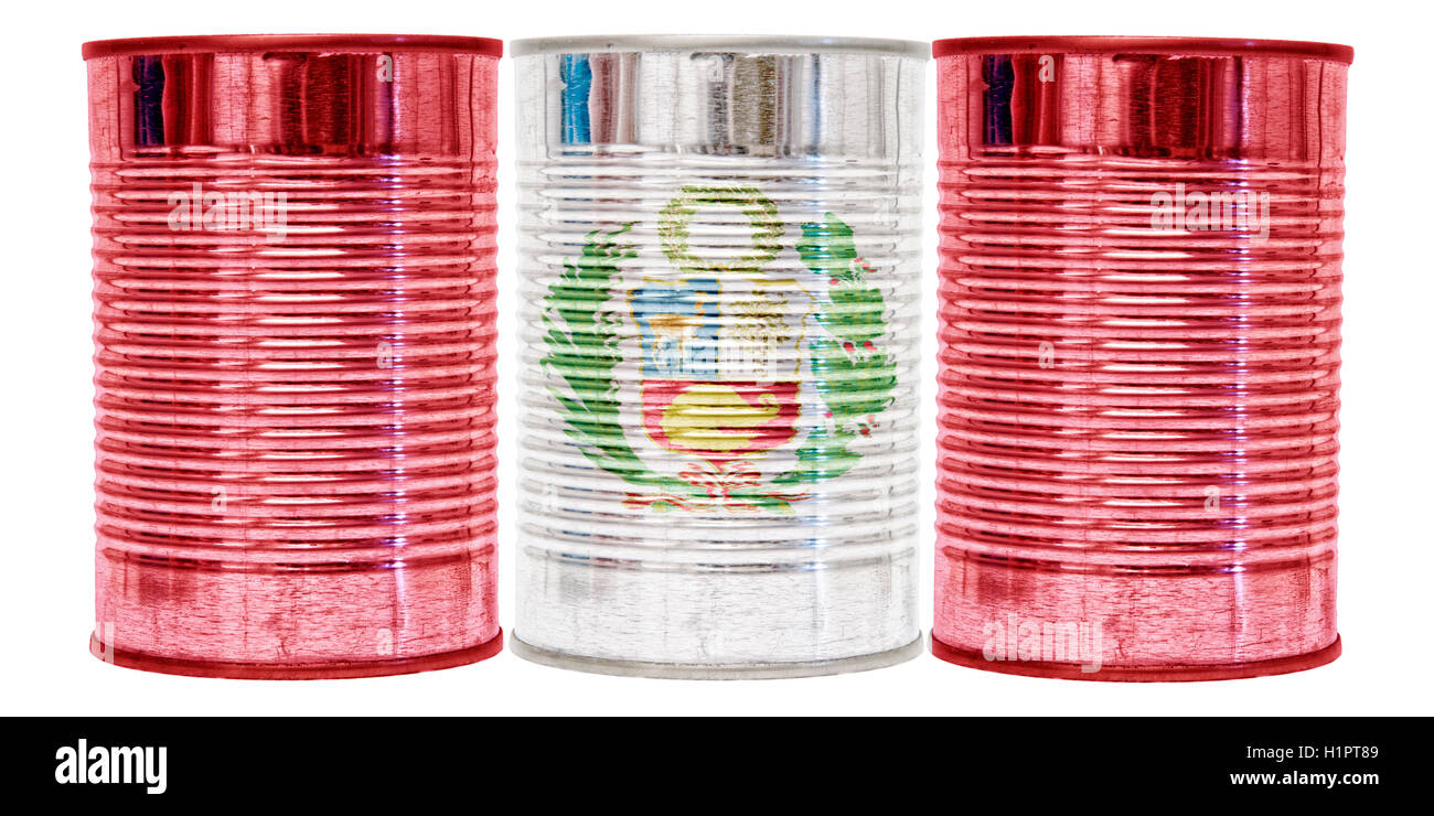 Three tin cans with the flag of Peru on them isolated on a white background. Stock Photo