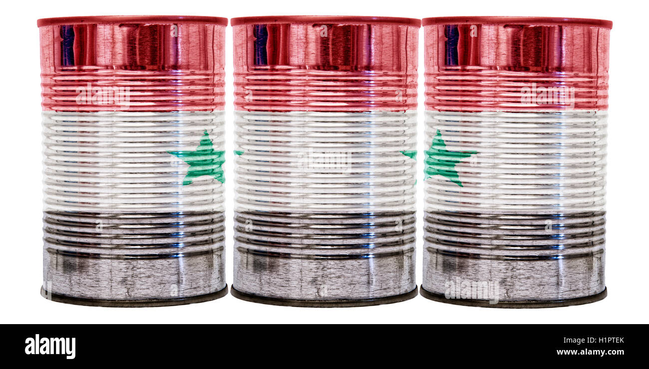Three tin cans with the flag of Syria on them isolated on a white background. Stock Photo