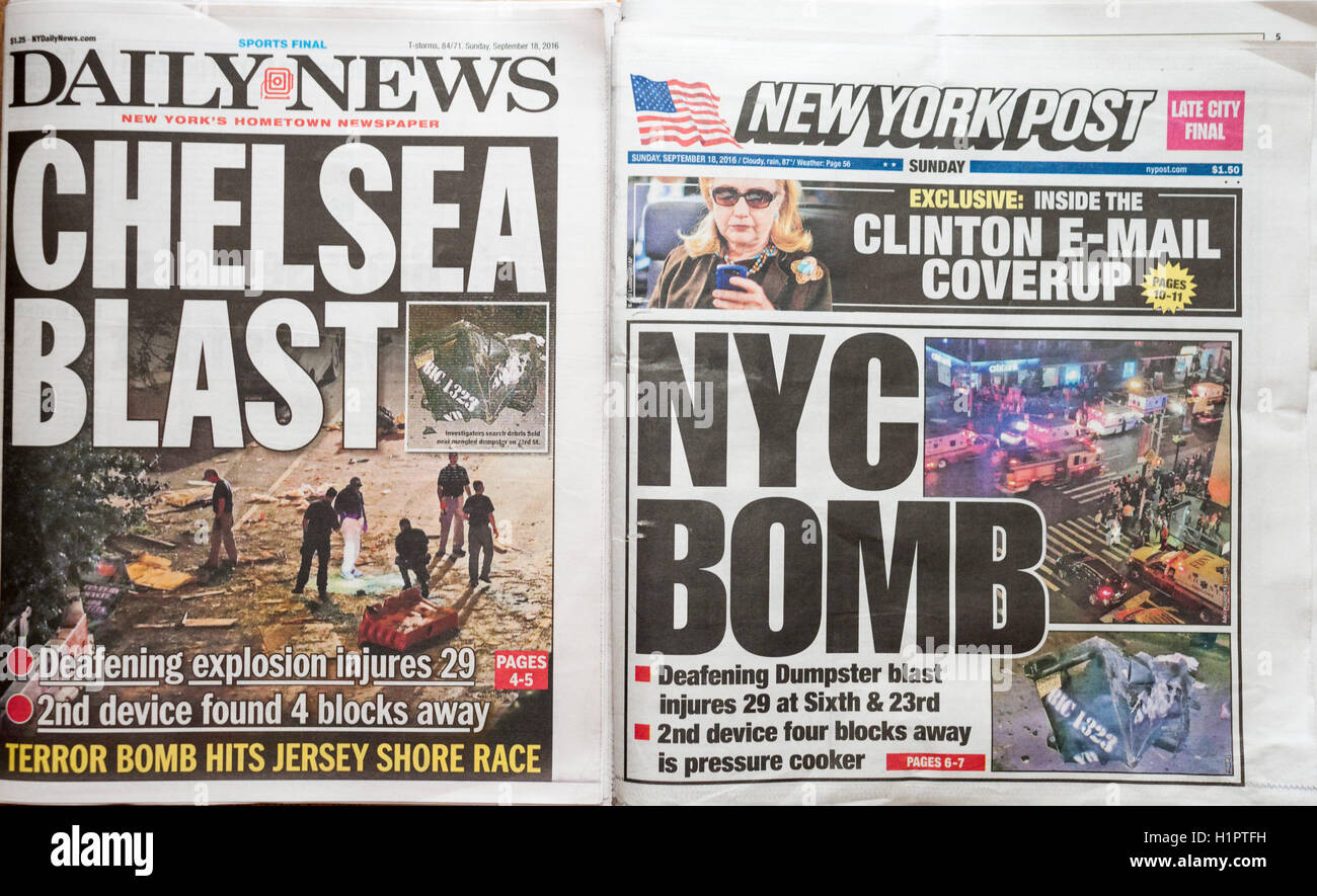 New York City newspapers front pages' cover the previous night's bombing in the Chelsea neighborhood of New York on Sunday, September 18, 2016.  (© Richard B. Levine) Stock Photo