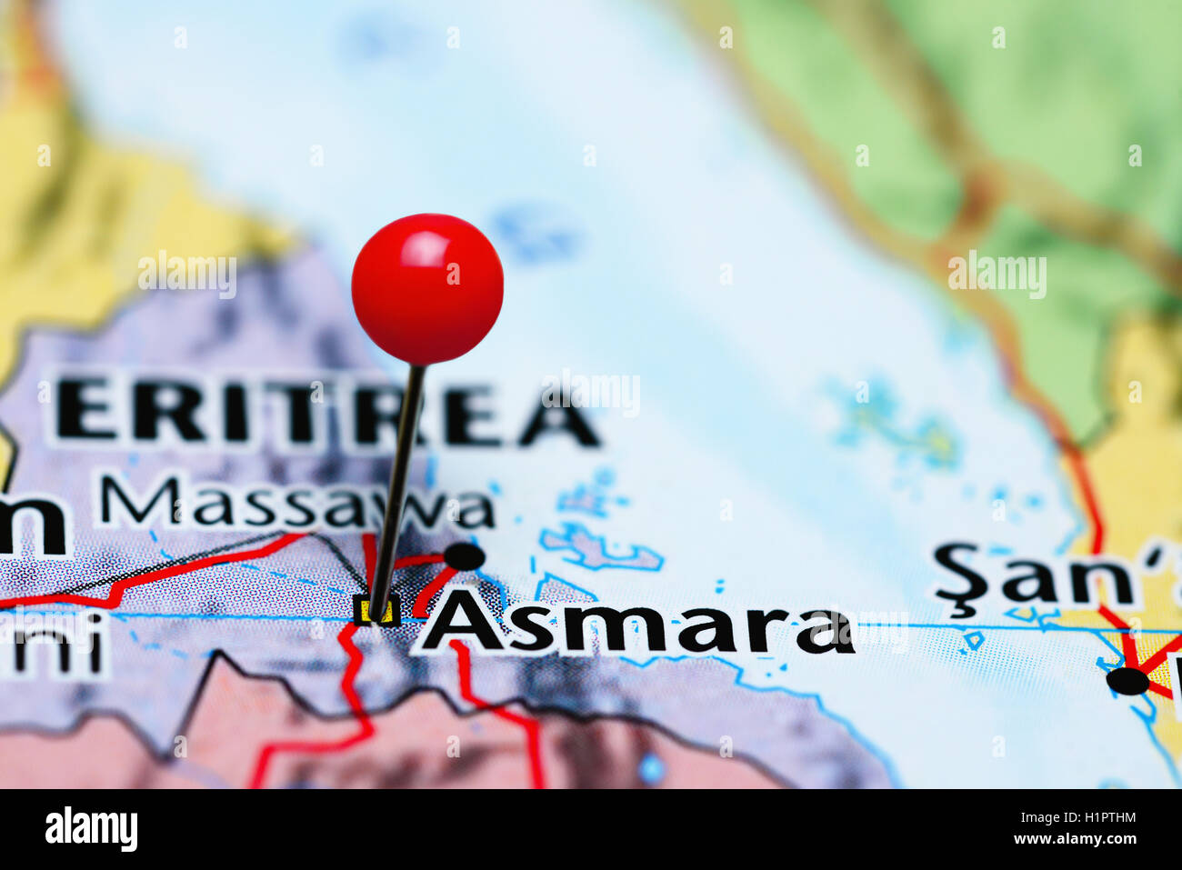 Asmara pinned on a map of Eritrea Stock Photo