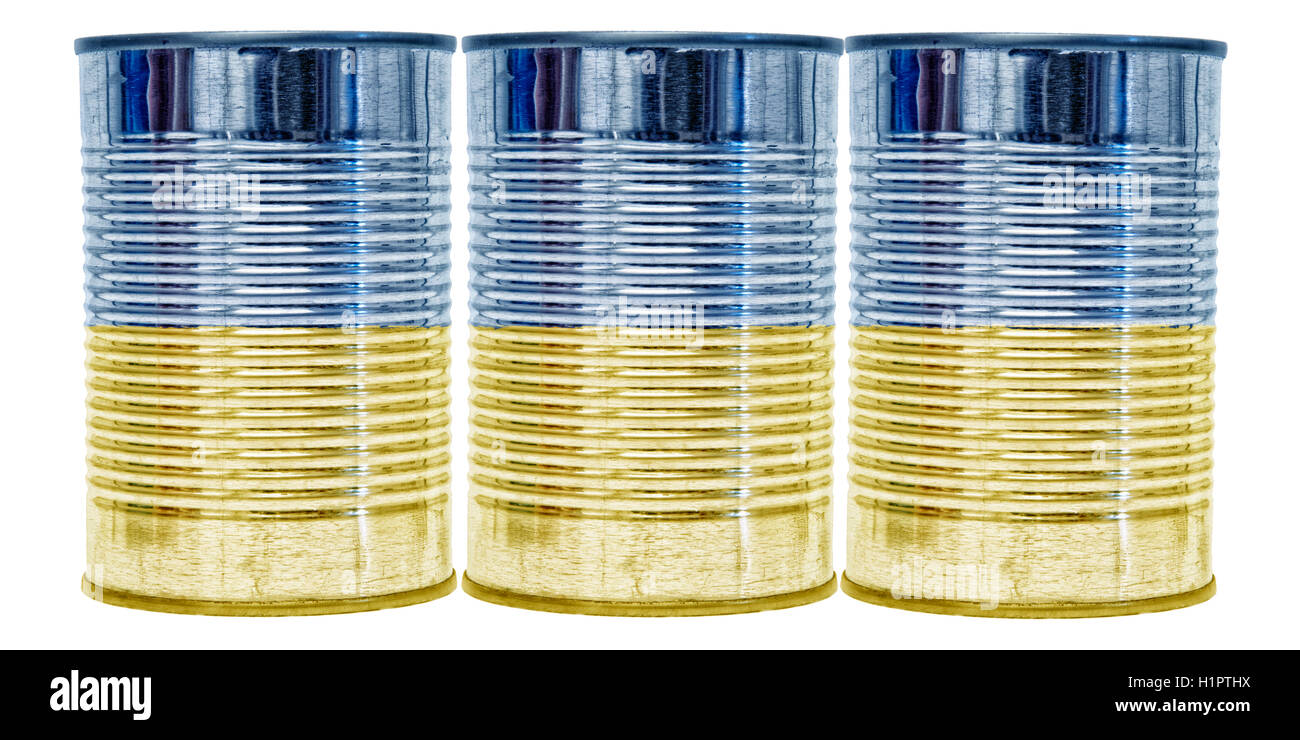 Three tin cans with the flag of Ukraine on them isolated on a white background. Stock Photo