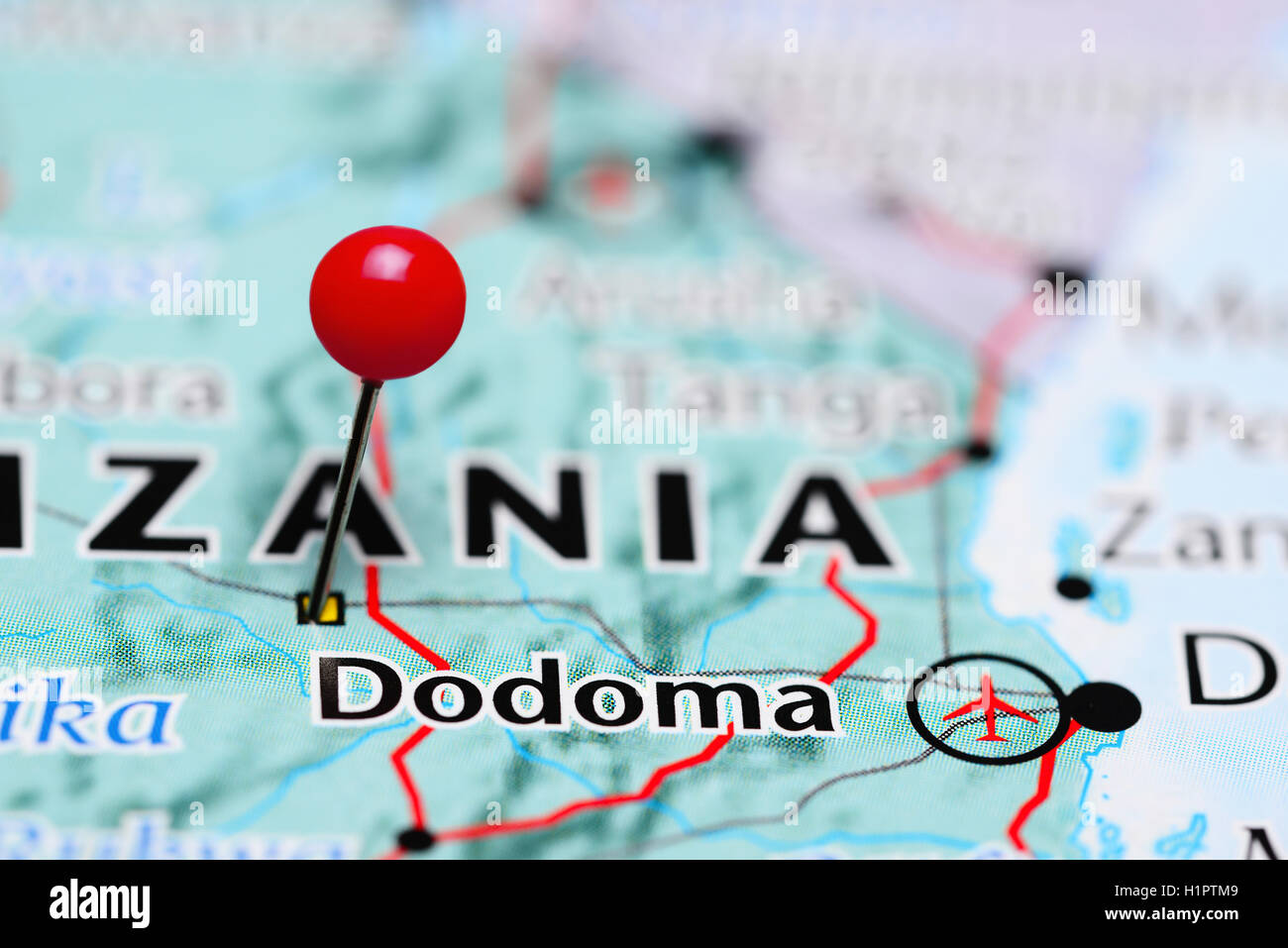 Dodoma pinned on a map of Tanzania Stock Photo