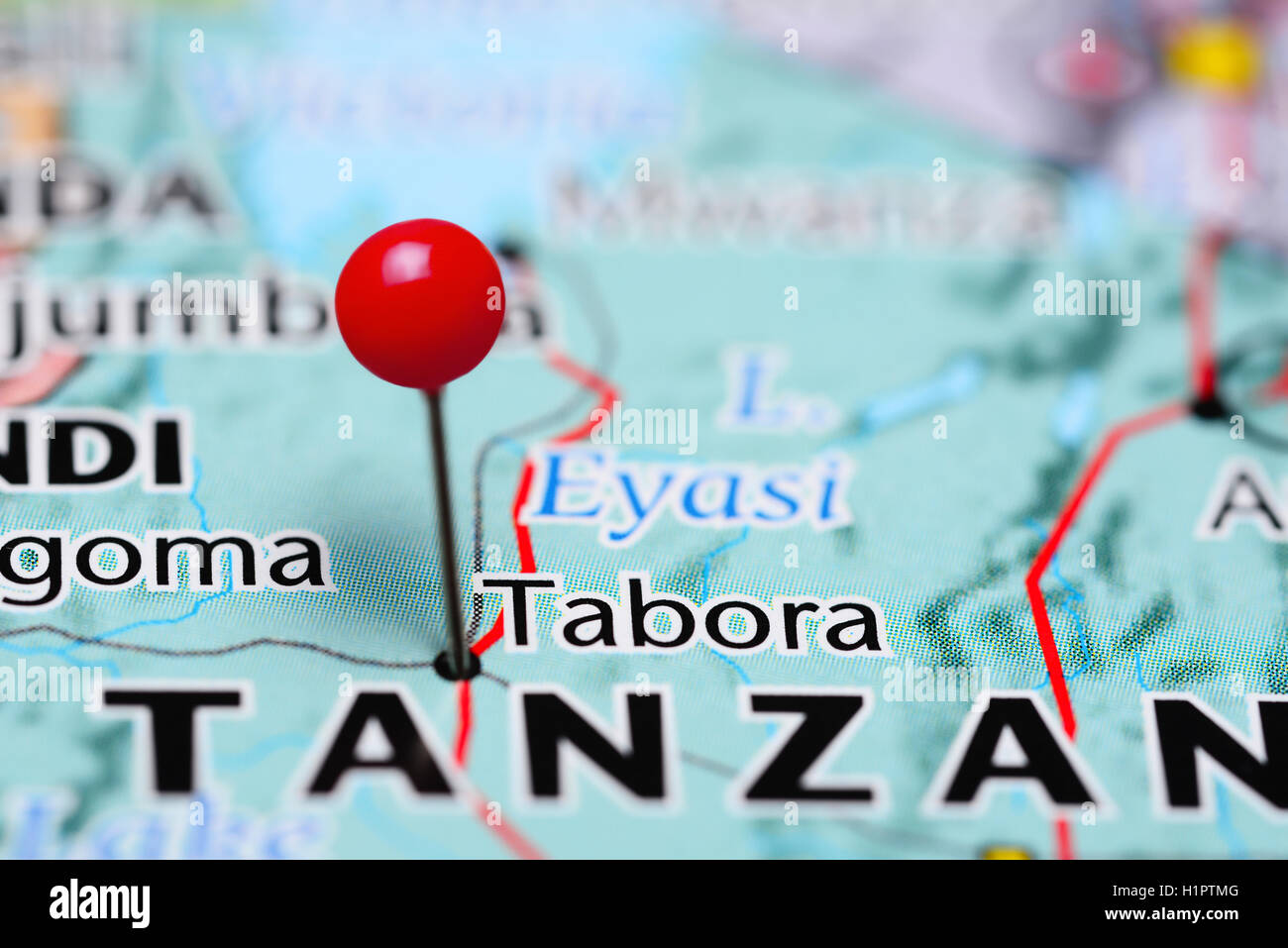 Tabora pinned on a map of Tanzania Stock Photo