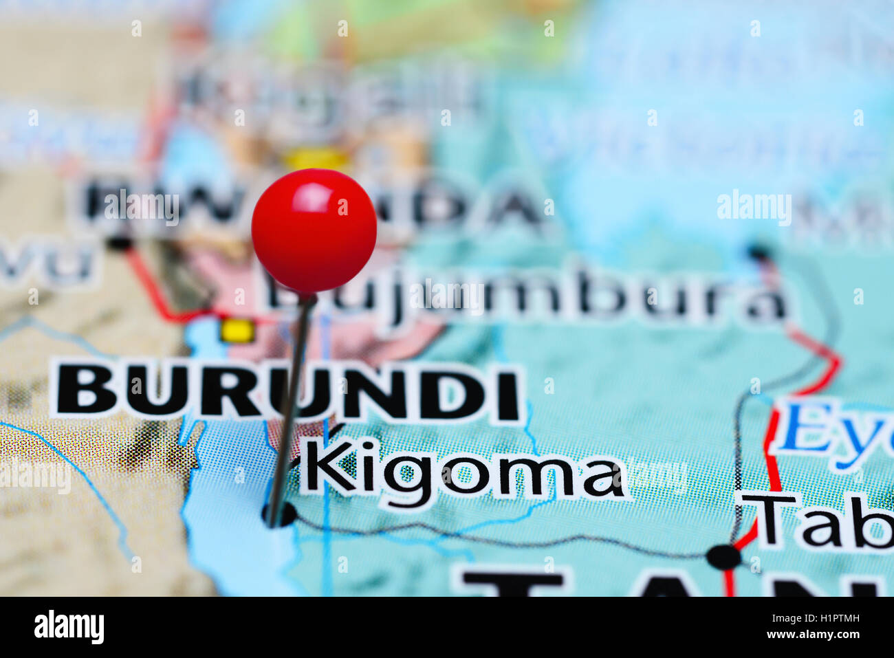 Kigoma pinned on a map of Tanzania Stock Photo