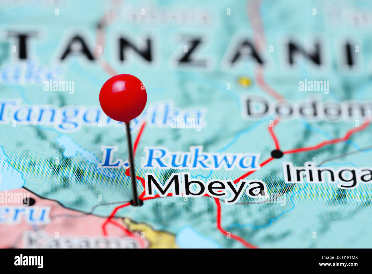 Mbeya pinned on a map of Tanzania Stock Photo