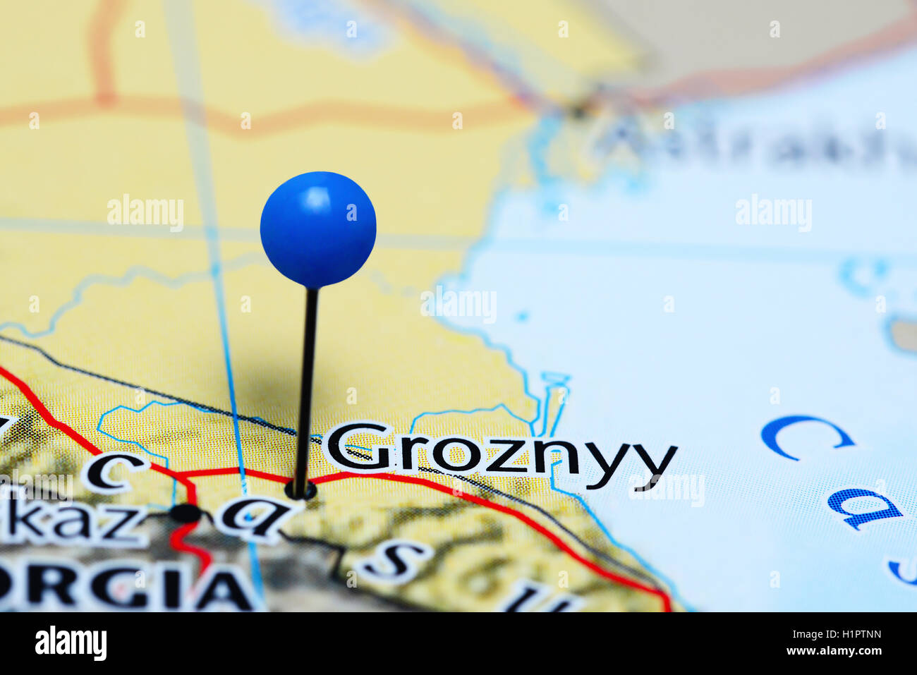 Groznyy pinned on a map of Russia Stock Photo