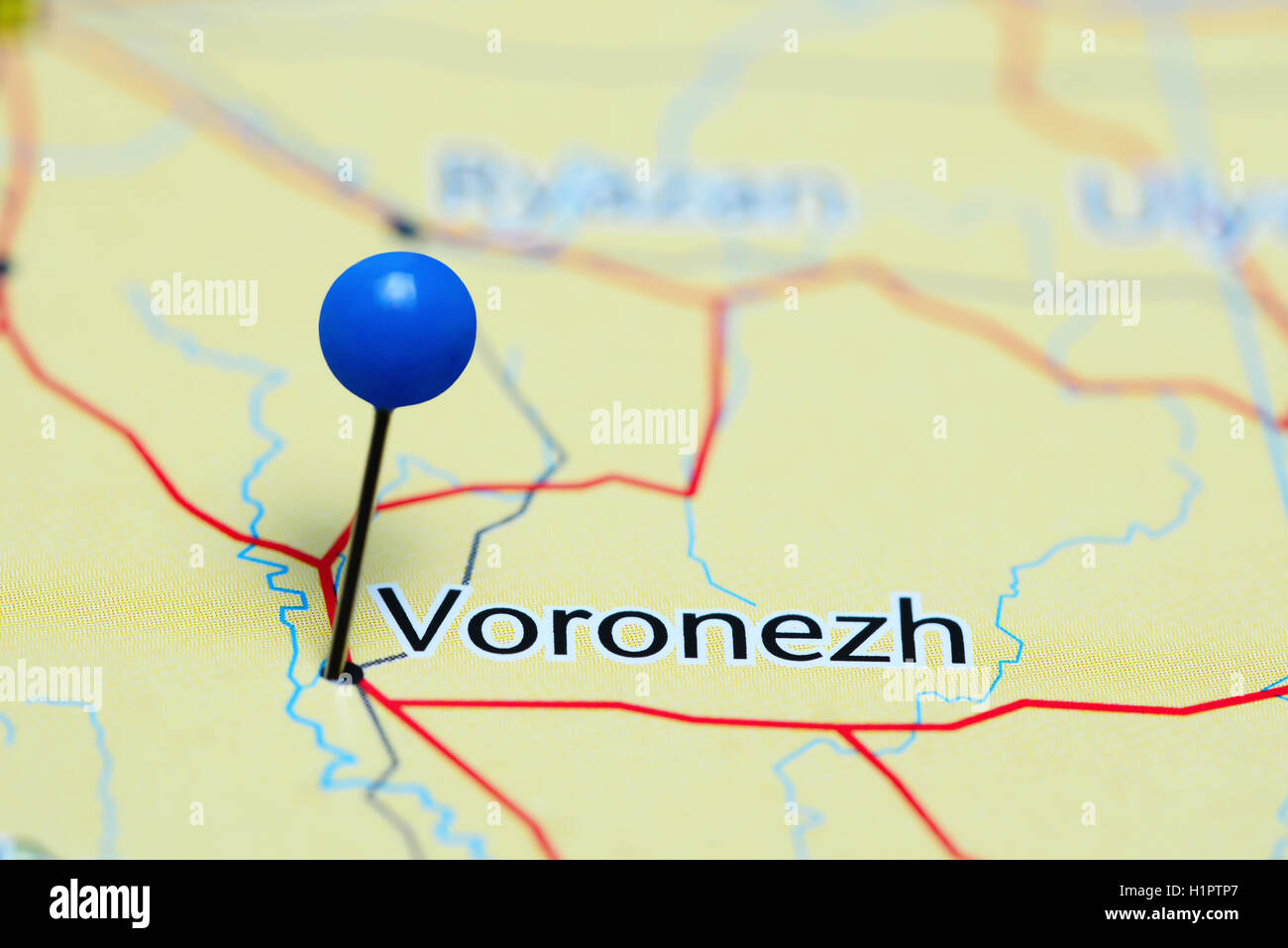 Voronezh pinned on a map of Russia Stock Photo