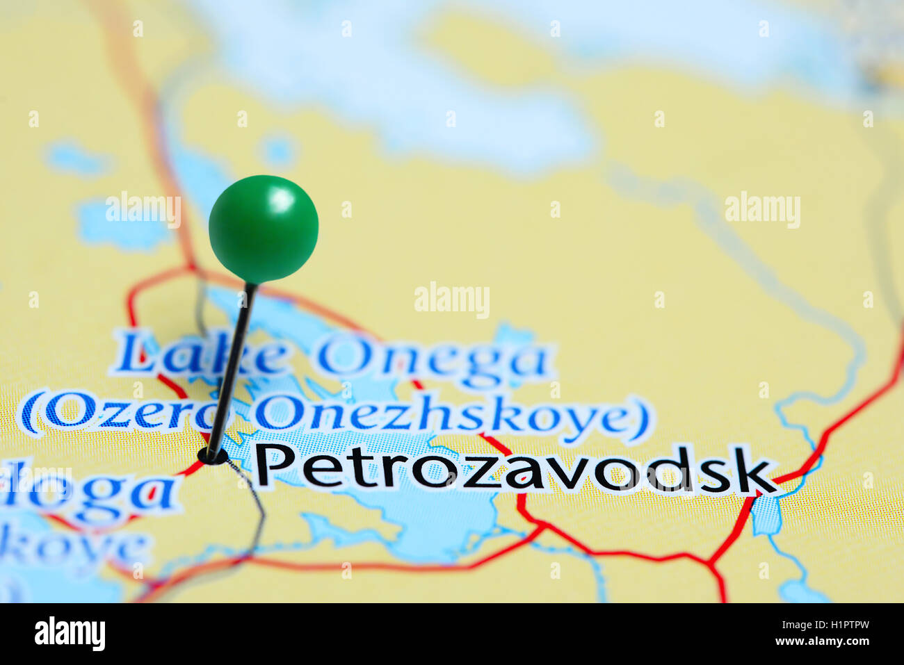 Petrozavodsk pinned on a map of Russia Stock Photo