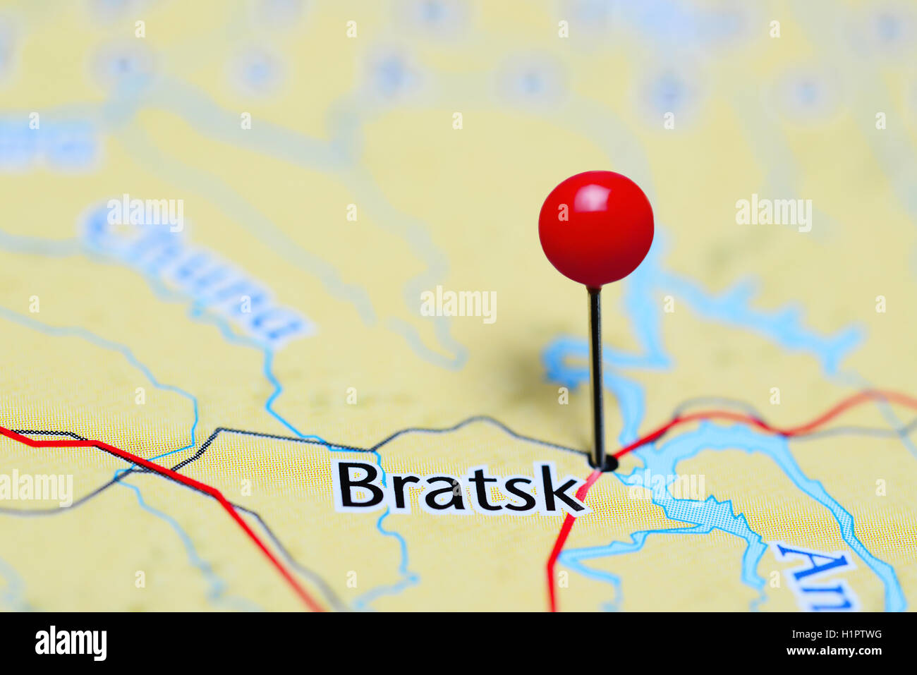 Bratsk pinned on a map of Russia Stock Photo