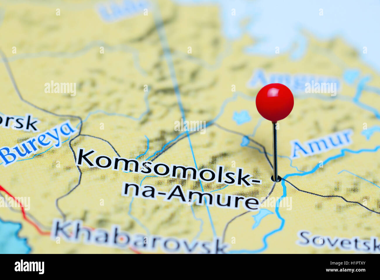 Komsomolsk-na-Amure pinned on a map of Russia Stock Photo