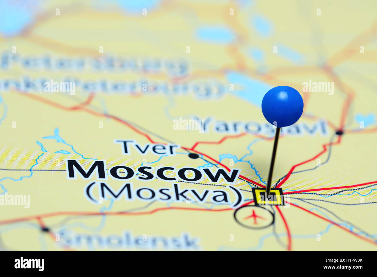 Moscow pinned on a map of Russia Stock Photo