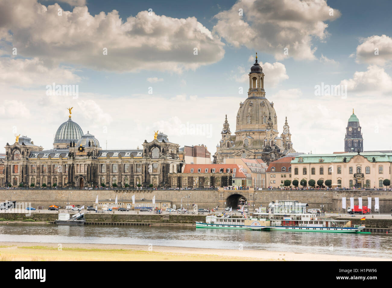 DRESDEN, GERMANY - AUGUST 22: Tourists at the promenade of the river Elbe in Dresden, Germany on August 22, 2016. Stock Photo