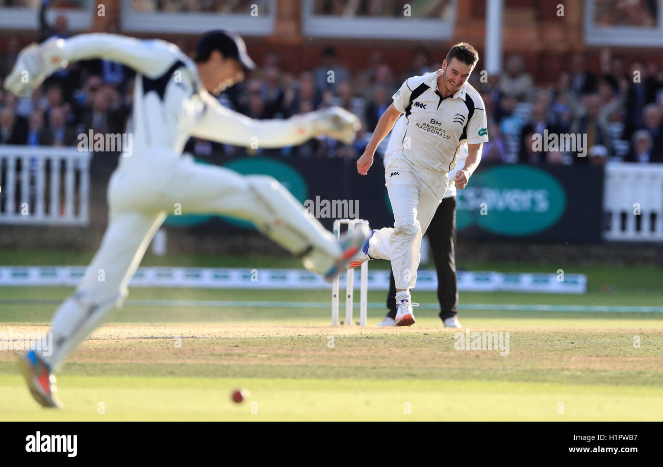 Middlsex's bowler Toby RolandJones celebrates taking the final wicket