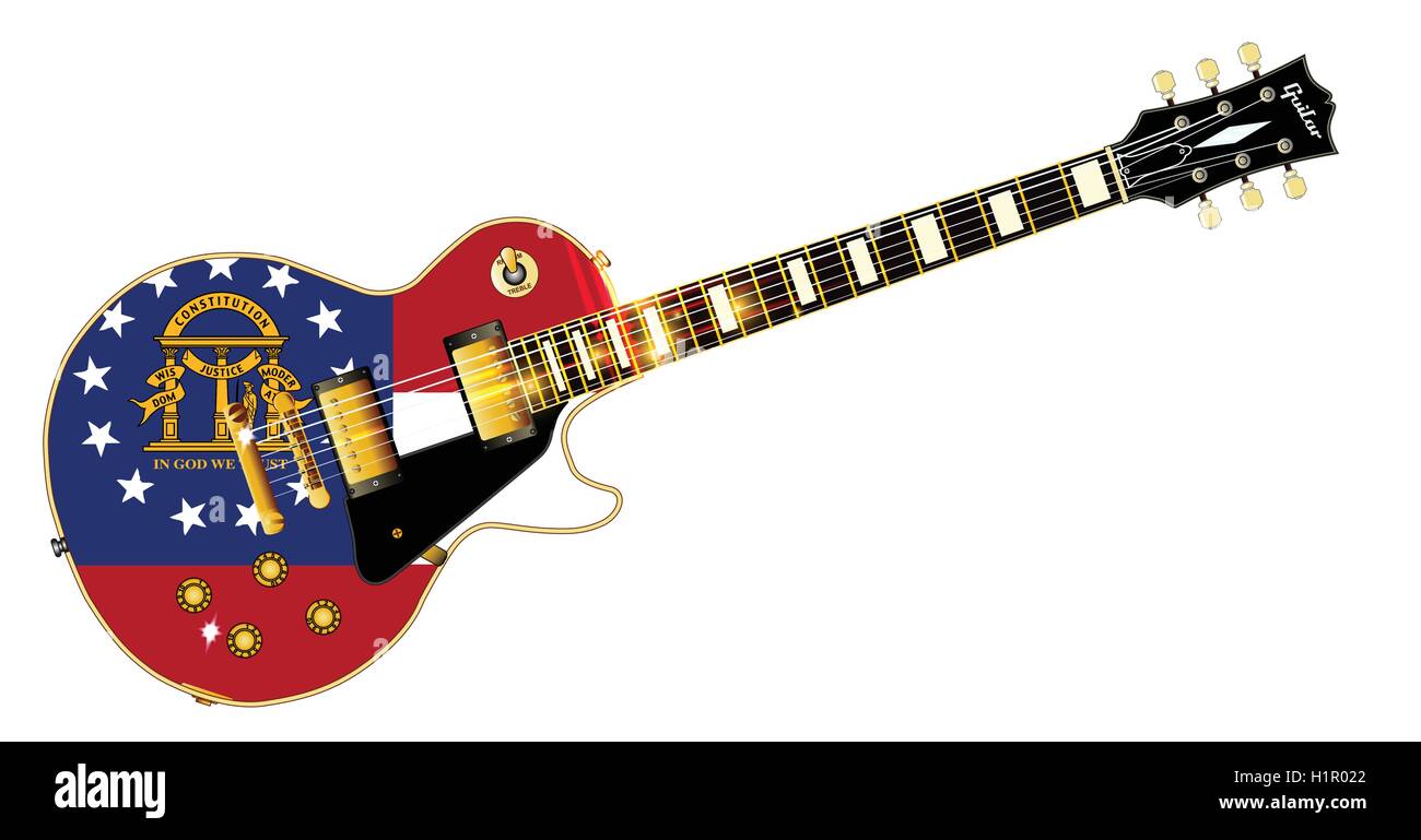 The definitive rock and roll guitar with the Georgia State flag seal flag isolated over a white background. Stock Vector