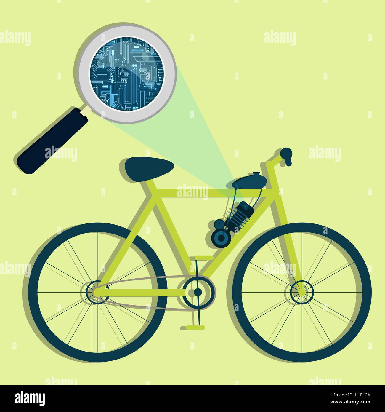 Magnifying glass enlarging electronic circuit of electric bicycle. Concept. Stock Vector