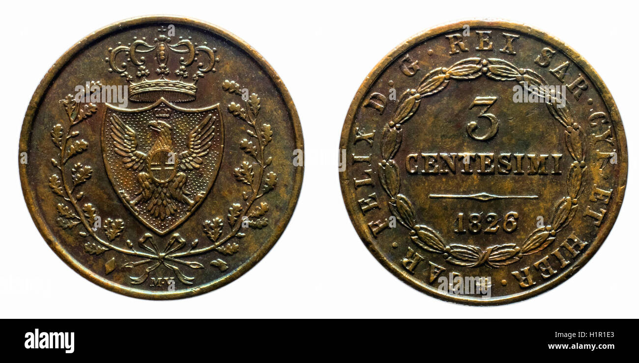 three cents Lire Copper Coin 1826 Turin Carlo Felice Savoy pre-unification of Italy, Mint of Turin, Savoy Arms on front and valu Stock Photo
