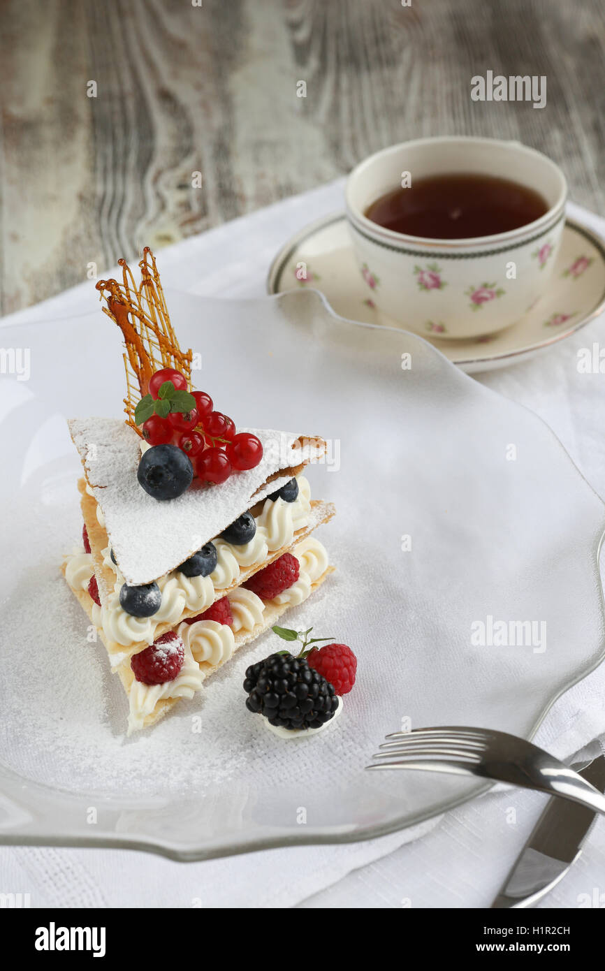 French strawberry  and blueberry Meringue Cake Stock Photo