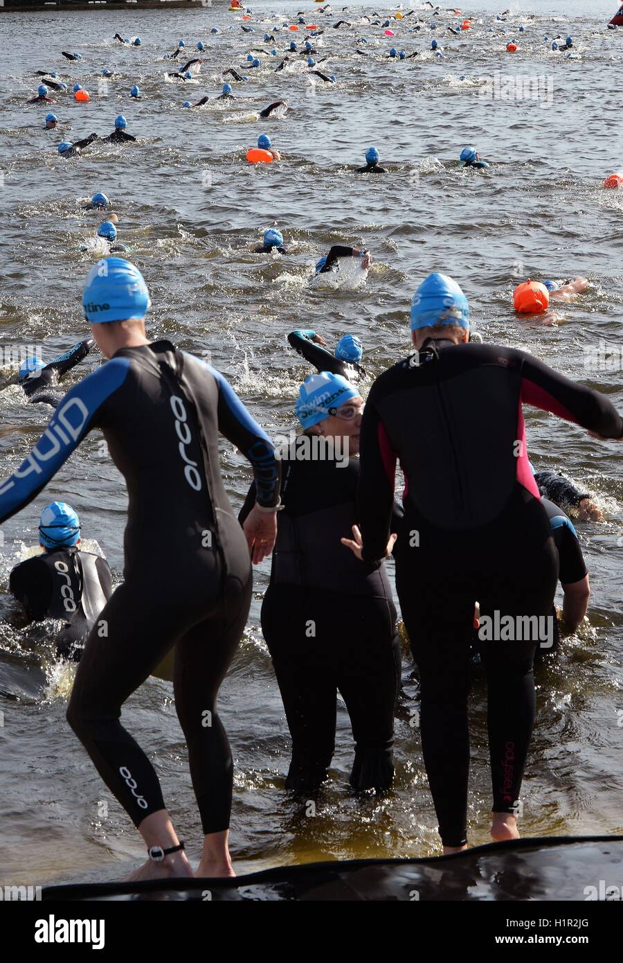 A small section of the third wave of 350 swimmers, who are taking part in the Swim Serpentine 2016, which will see an estimated 6,000 people swim a mile in the Hyde Park lake in central London. Stock Photo