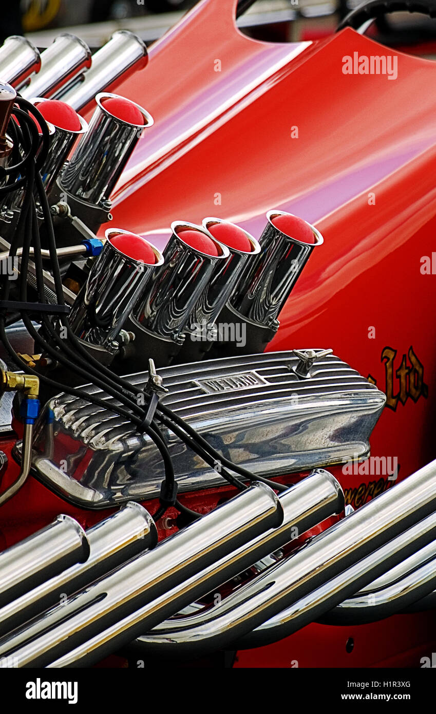 Detail of Tommy Ivo's Showboat dragster engine Stock Photo