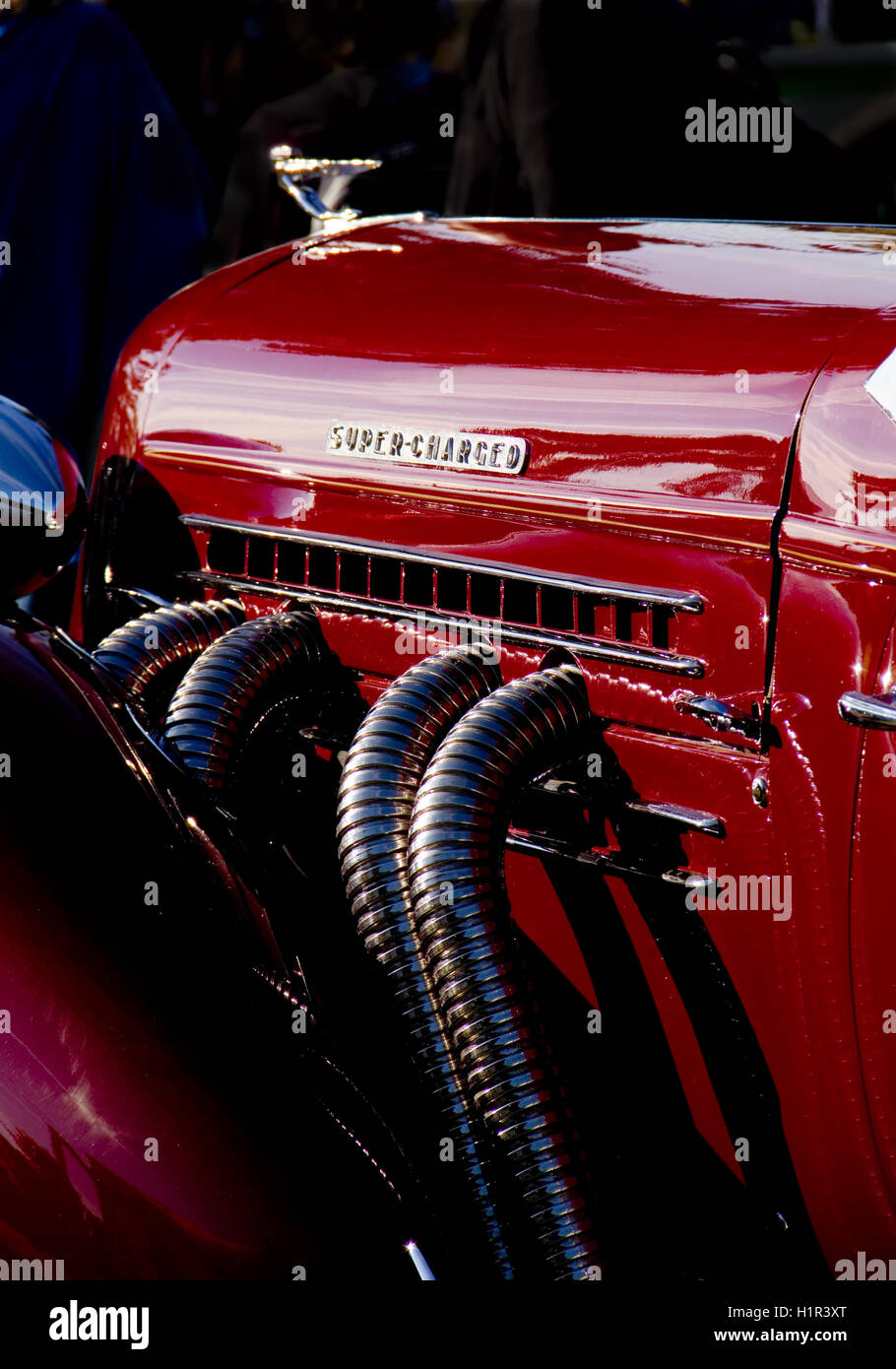 External exhaust pipes of a 1935 Auburn 851 Speedster Stock Photo