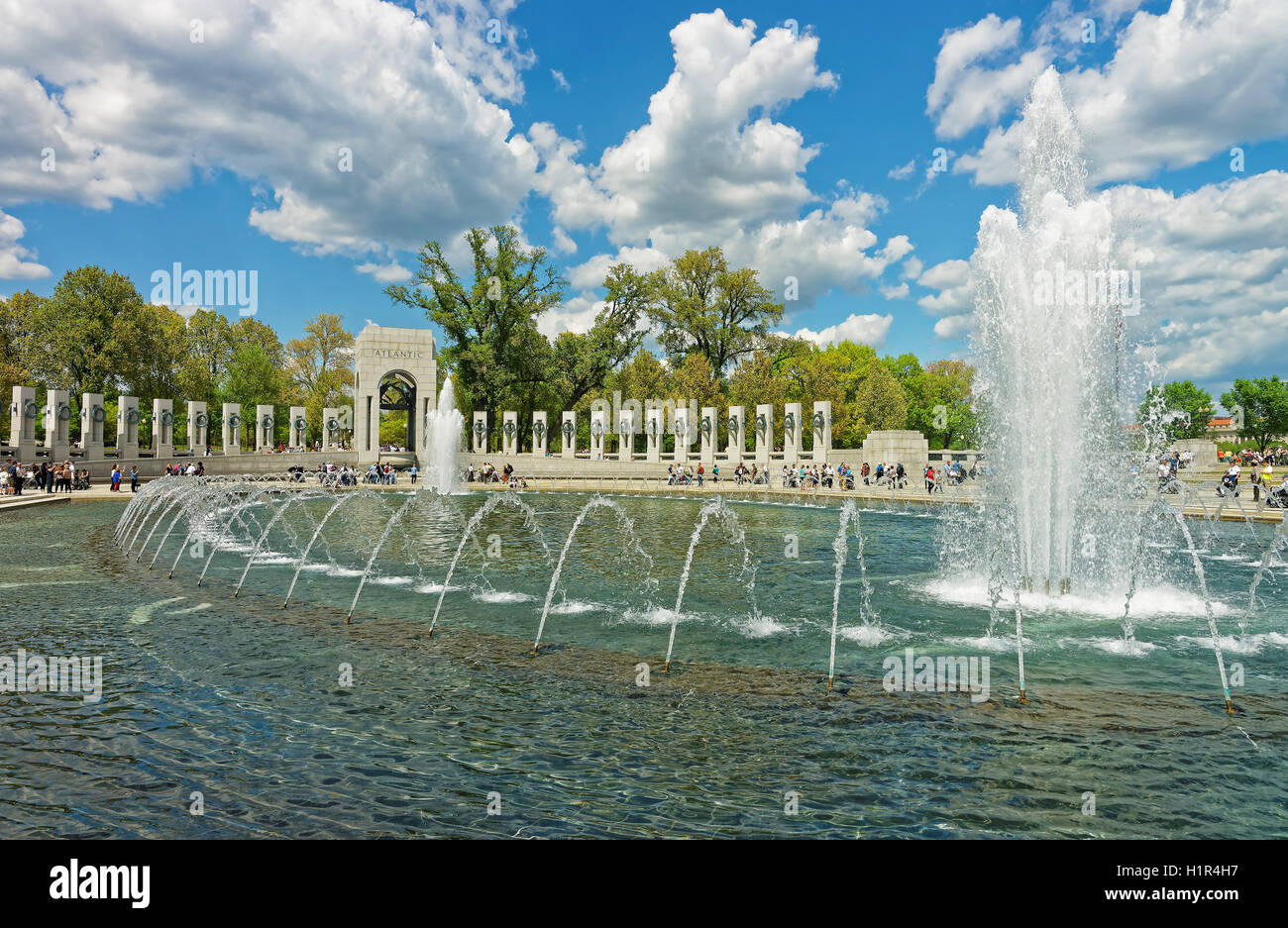 Washington DC, USA - May 2, 2015: World War II Memorial is one of the most visited places in the US. It is a part of the National Mall and locates near Lincoln Memorial and Washington monument. Stock Photo