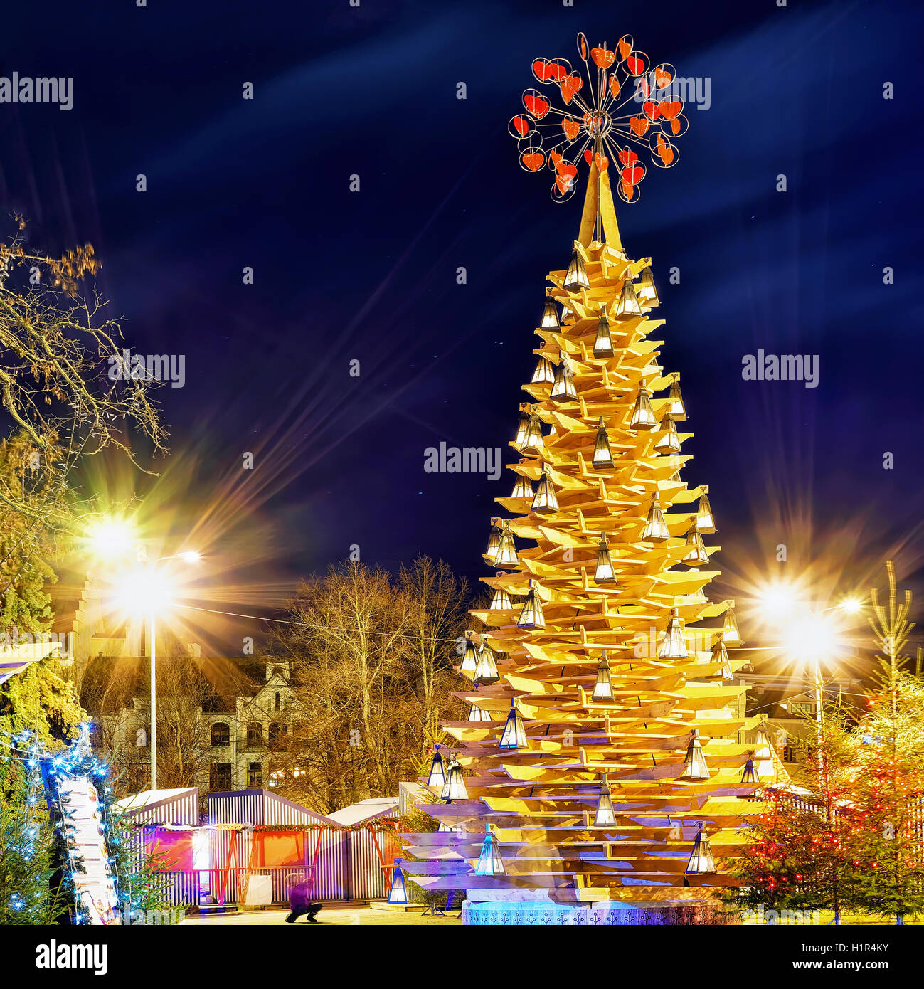 Riga, Latvia - December 26, 2015: Wooden Christmas tree during the ...