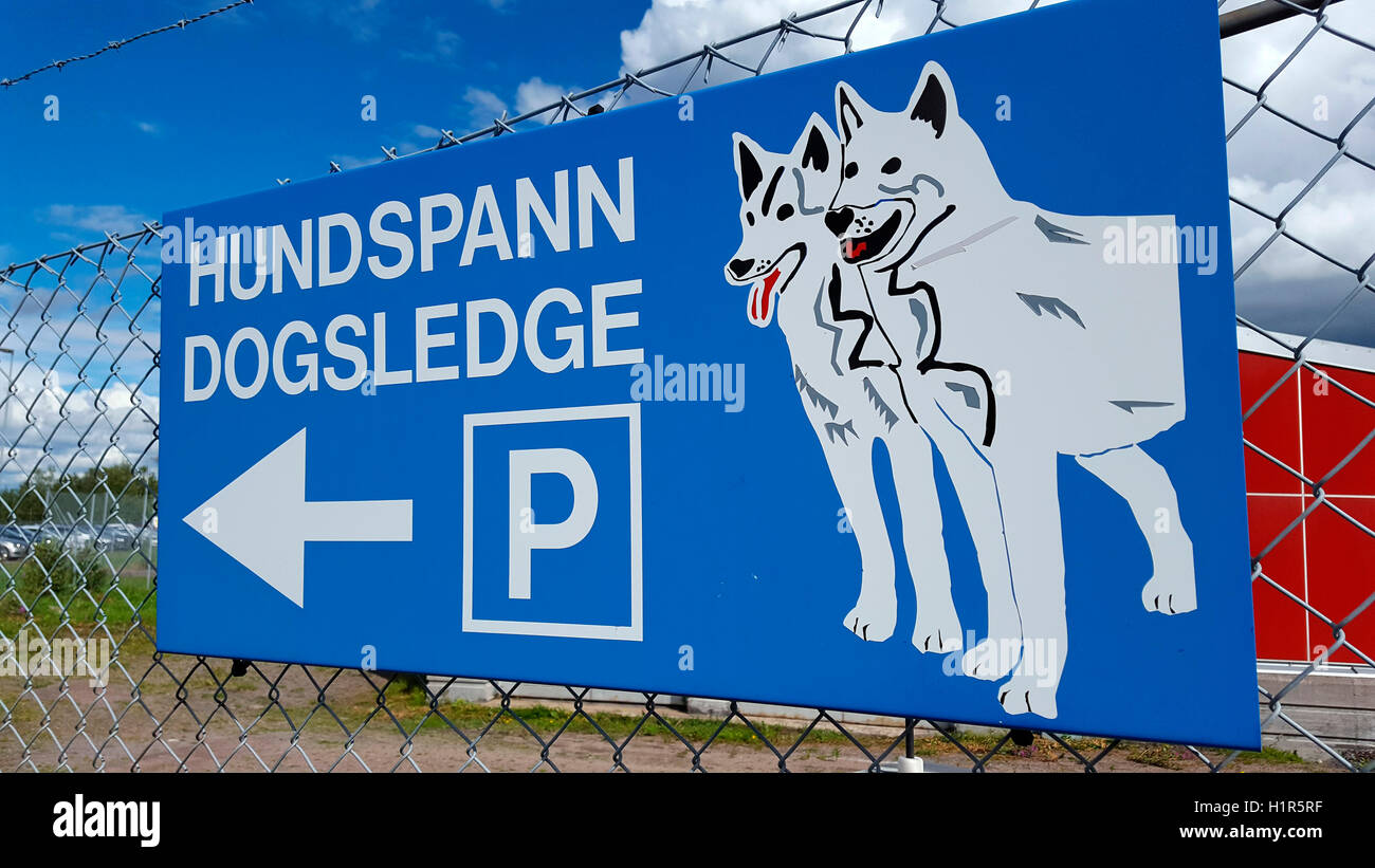 Impressionen: Werbung fuer Hundeschlitten/ dogsledge - Kiruna, Lappland, Schweden. Stock Photo