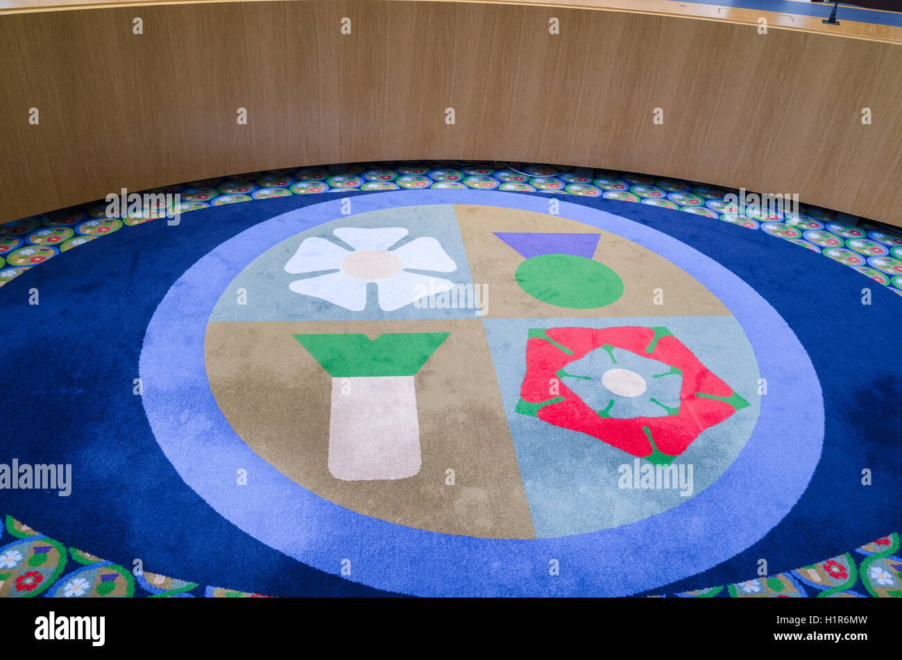 Pop-art carpet, symbolising four nations, in court room two at the UK Supreme Court, established in 2009, at Parliament Square, Stock Photo