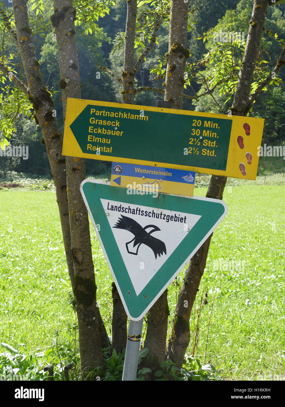 Germany Garmisch Partenkirchen Partnachklamm Partnach Klamm Gorge river valley waterfall information sign Nature protection area Stock Photo