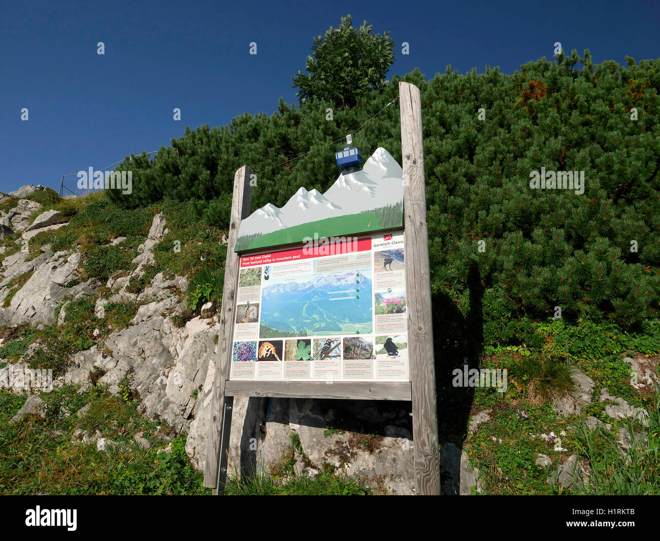 The Alps Germany Garmisch Partenkirchen Alpspitze Osterfelderkopf mountain landscape. Sign and maps information. Stock Photo