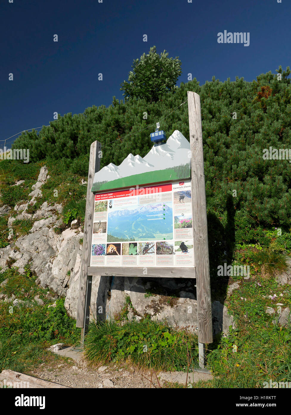 The Alps Germany Garmisch Partenkirchen Alpspitze Osterfelderkopf mountain landscape. Sign and maps information. Stock Photo