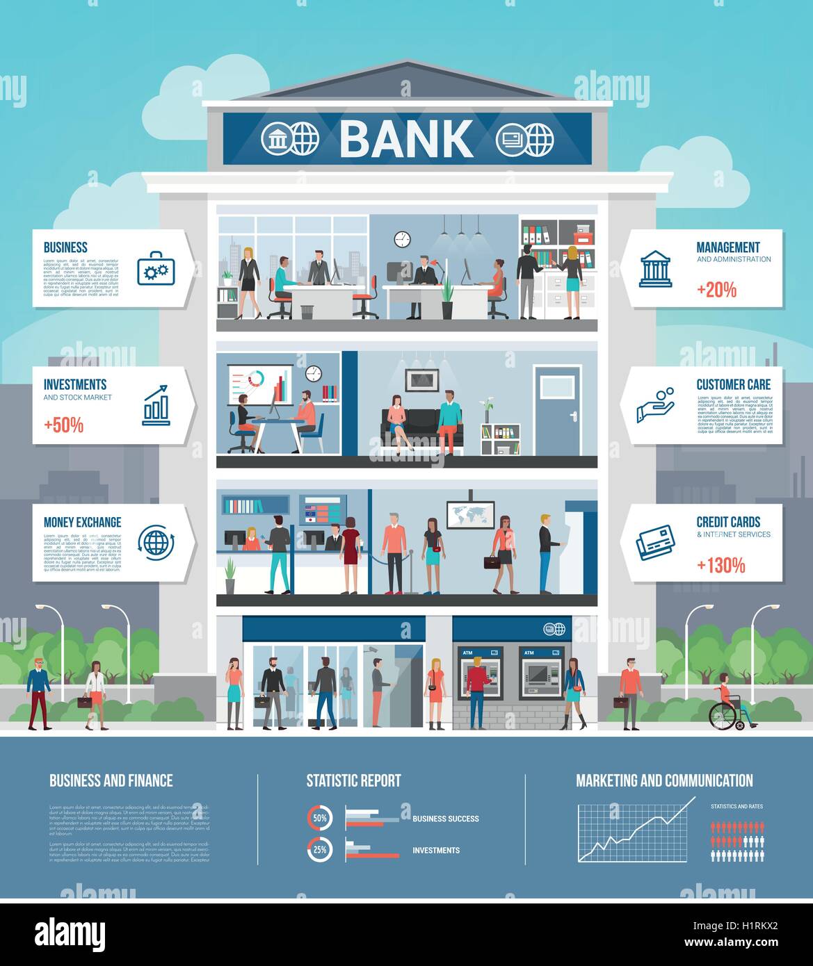 Bank building and finance infographic with interiors, text, icons set and people working Stock Vector