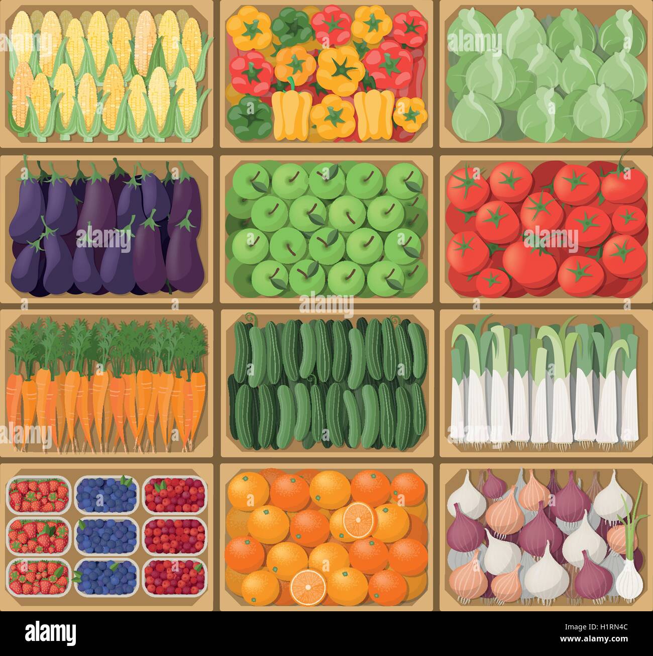 Vegetable crates at the farmers market, top view, harvest and healthy