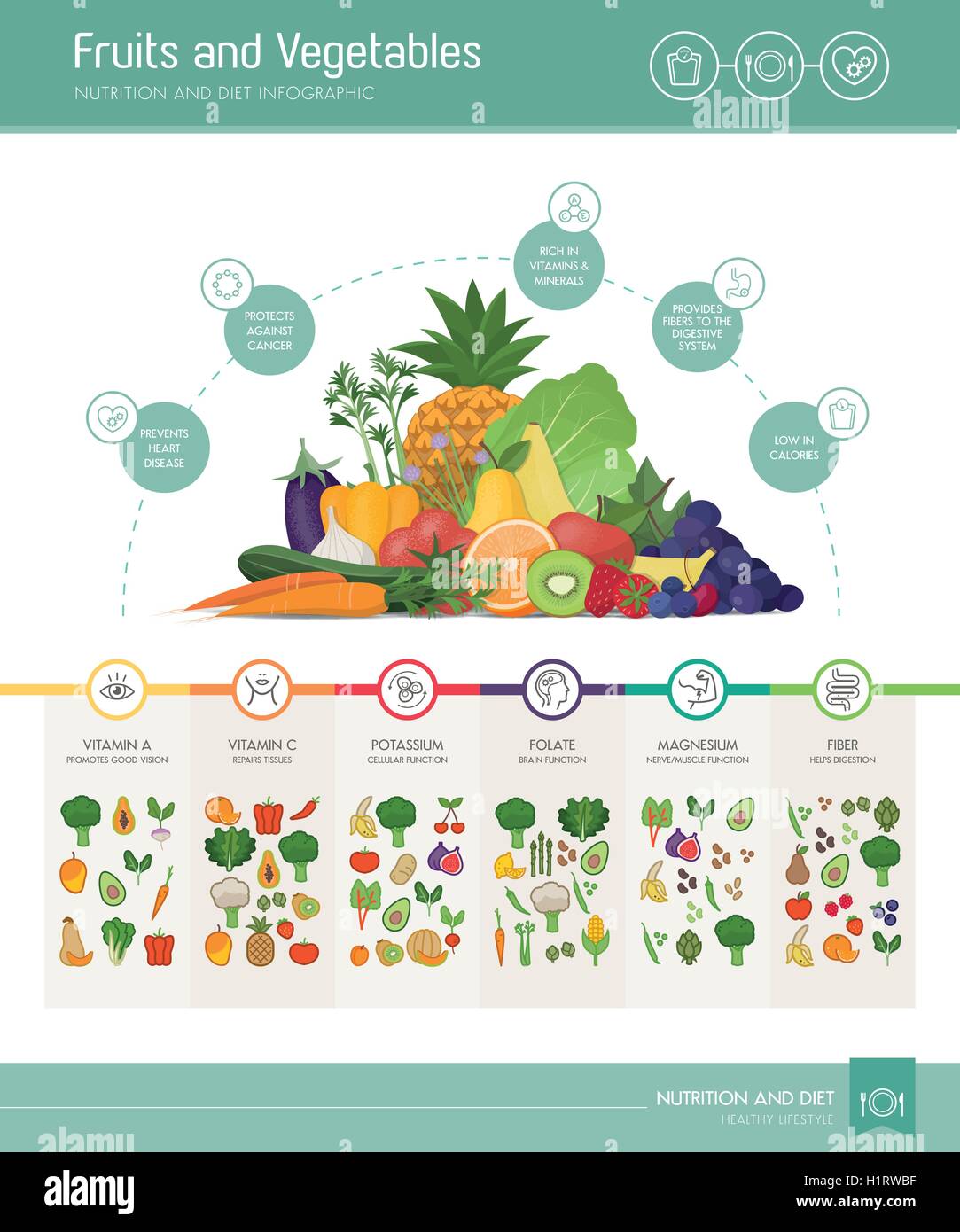 Fruits and vegetables nutrients and benefits infographic with