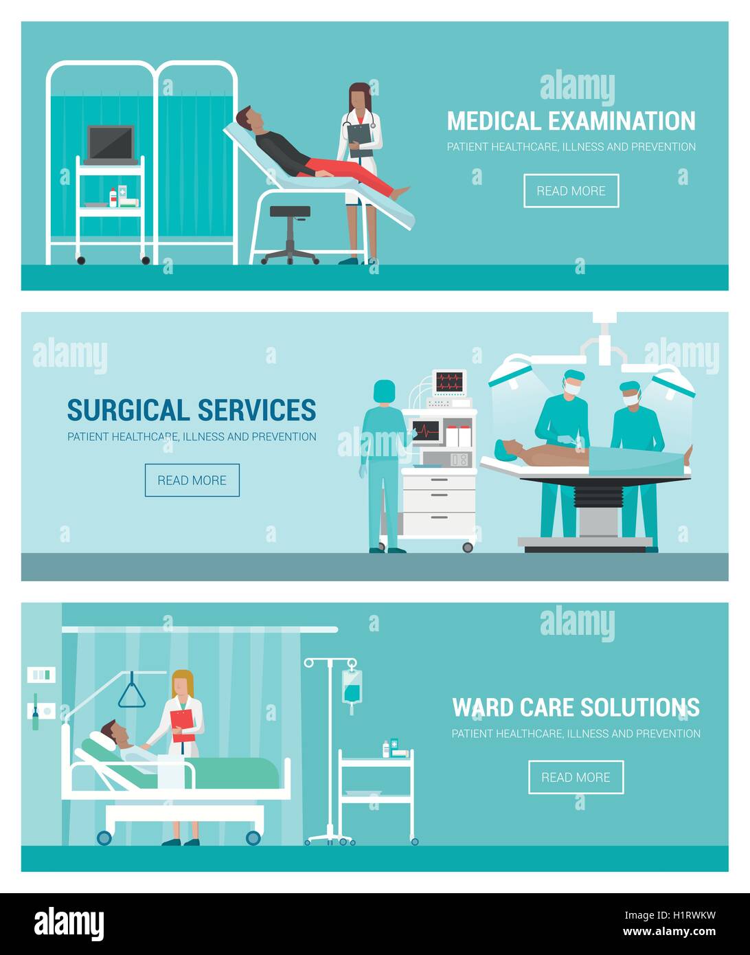 Hospital and healthcare banner set, medical exam, surgery, ward and doctors at work with patients Stock Vector