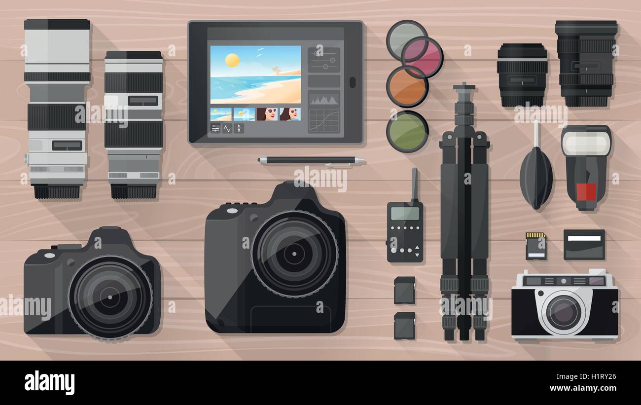Professional photographer equipment on a desk shooting and photo